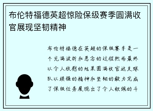 布伦特福德英超惊险保级赛季圆满收官展现坚韧精神