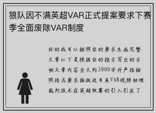 狼队因不满英超VAR正式提案要求下赛季全面废除VAR制度